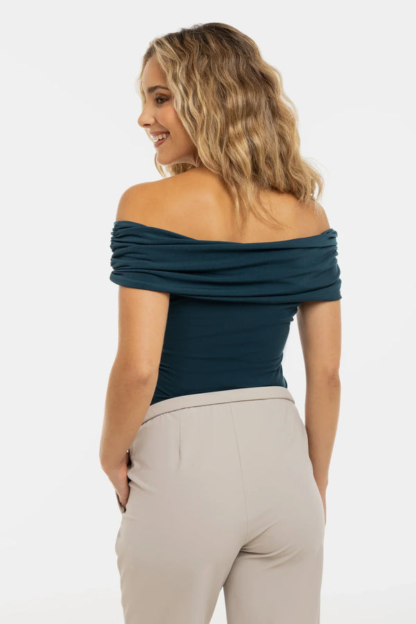 Elegante Umstandsbluse mit Off-Shoulder – Petrol
