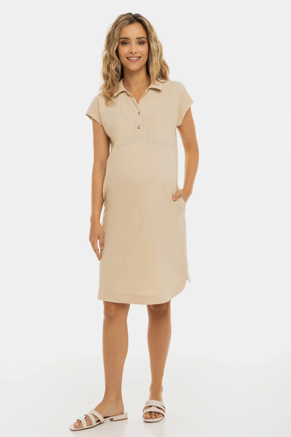 Umstands- und Still-Hemdblusenkleid aus elastischem Jersey – Sand