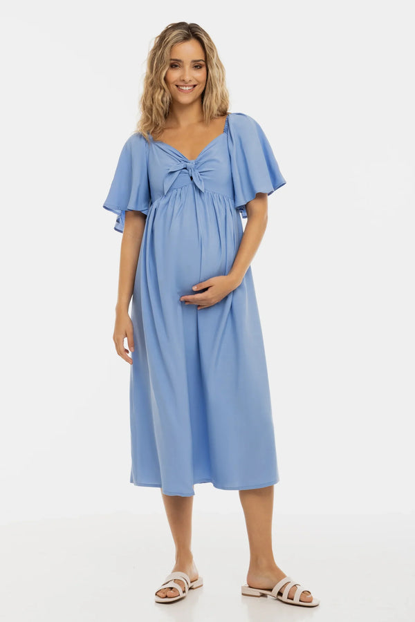 Zomerse zwangerschapsjurk met elastische rug en strik – pastelblauw