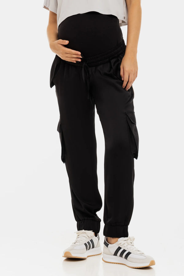 Umstands-Satinhose im Cargo-Stil – Schwarz