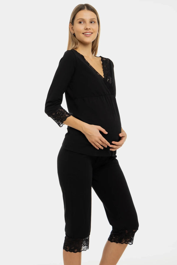 Umstands- und Still-Pyjama aus Baumwolle – Schwarz