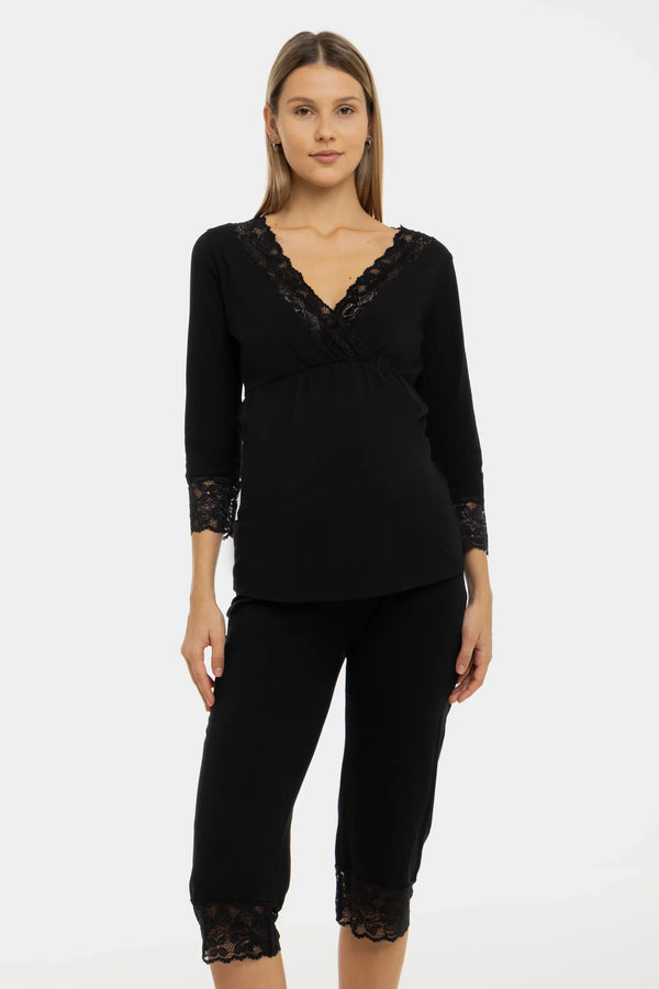 Umstands- und Still-Pyjama aus Baumwolle – Schwarz