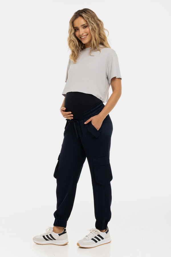 Umstands-Satinhose im Cargo-Stil – Navy