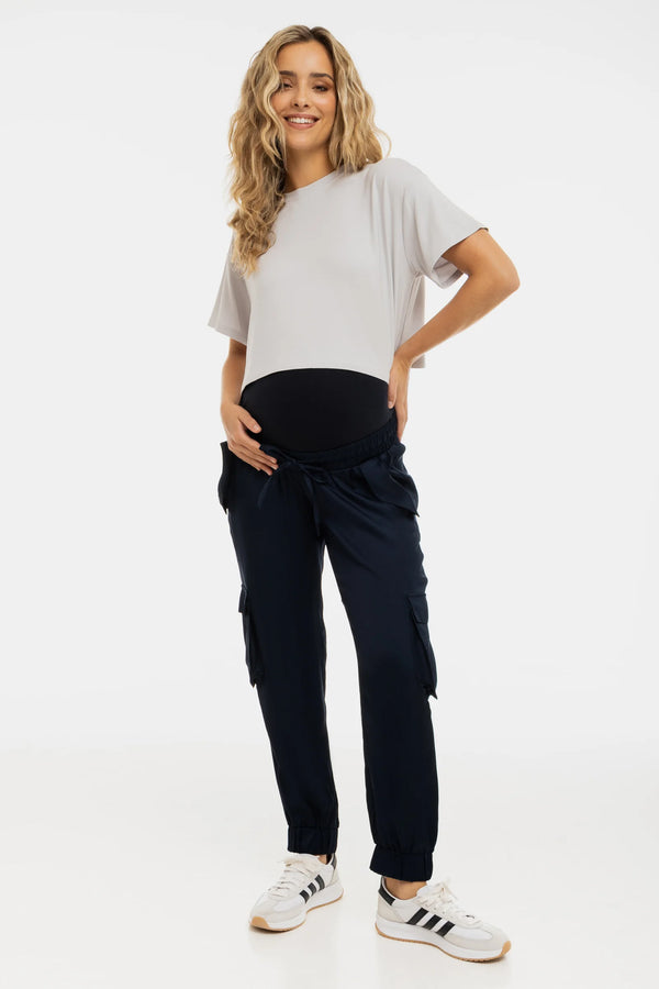 Umstands-Satinhose im Cargo-Stil – Navy