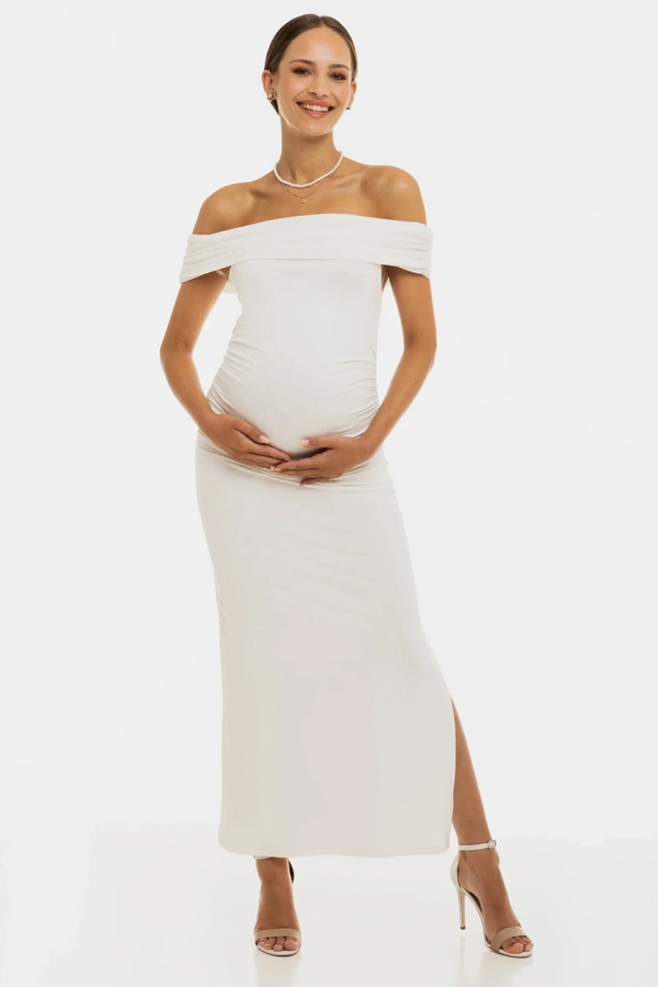 Langes Umstandsbrautkleid mit Raffung – Ecru