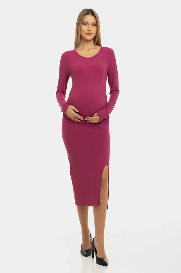 Langes Umstandskleid mit Schlitz – Himbeere