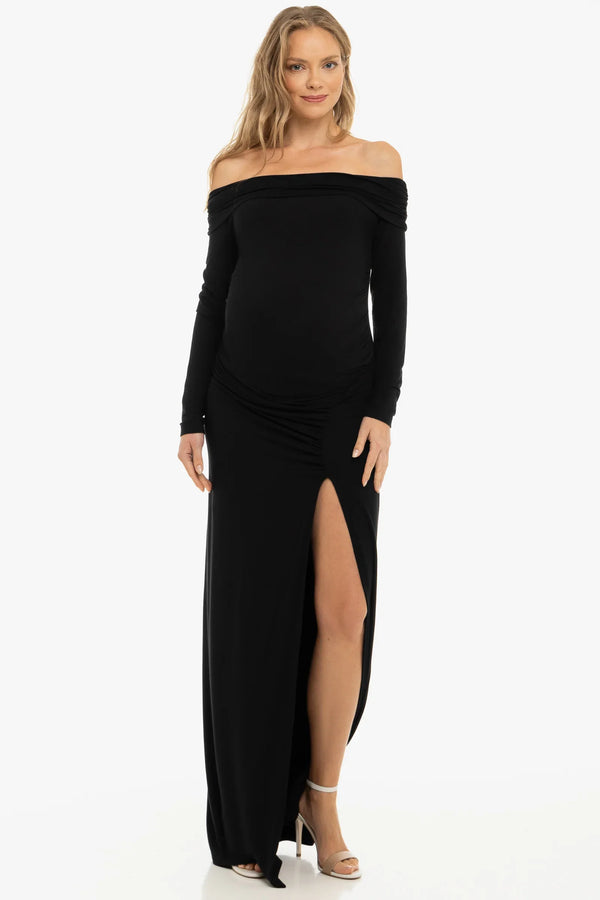 Langes elegantes Umstandskleid mit Off-Shoulder – Schwarz