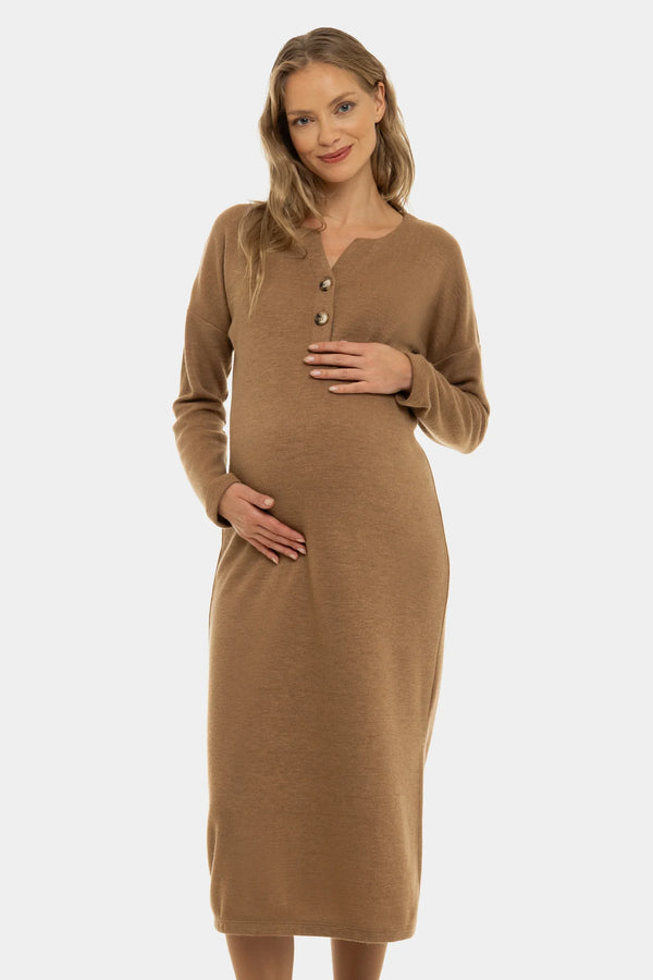 Langes gestricktes Umstands- und Stillkleid – Karamell