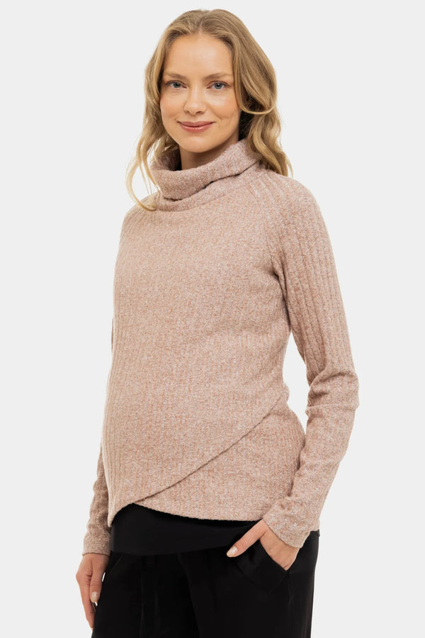 Beiger gerippter Umstands- und Stillpullover mit Rollkragen