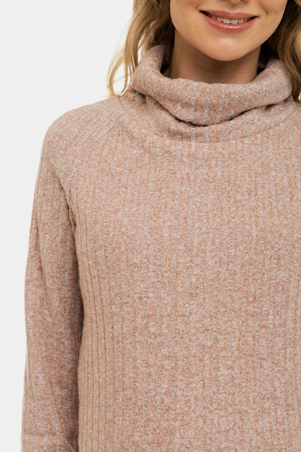 Beiger gerippter Umstands- und Stillpullover mit Rollkragen