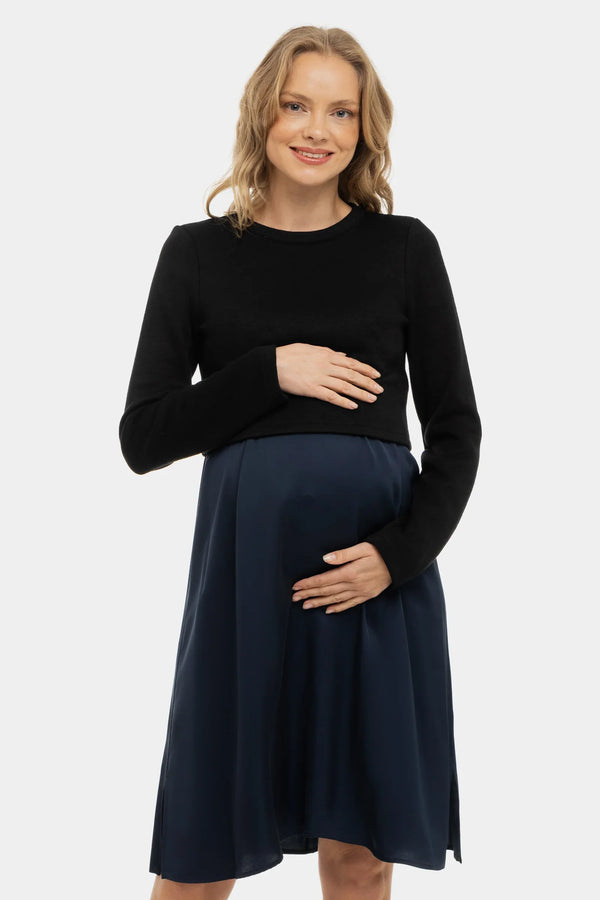 Satiniertes Umstands- und Stillkleid mit Pullover – Dunkelblau
