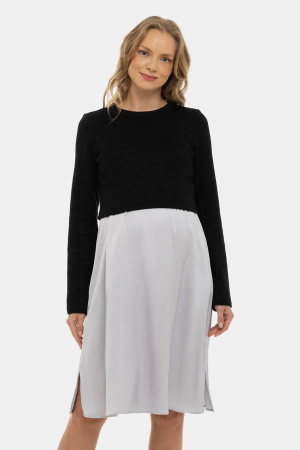 Satiniertes Umstands- und Stillkleid mit Pullover – Perlweiß