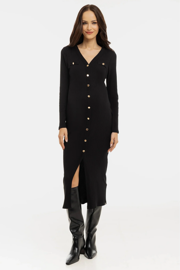 Umstands- und Stillkleid aus Rippjersey mit Knöpfen - Schwarz