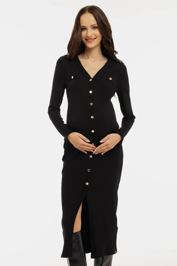 Umstands- und Stillkleid aus Rippjersey mit Knöpfen - Schwarz