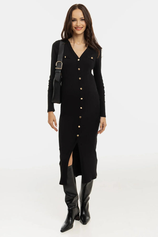 Umstands- und Stillkleid aus Rippjersey mit Knöpfen - Schwarz