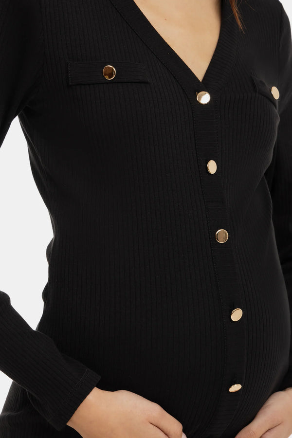 Umstands- und Stillkleid aus Rippjersey mit Knöpfen - Schwarz