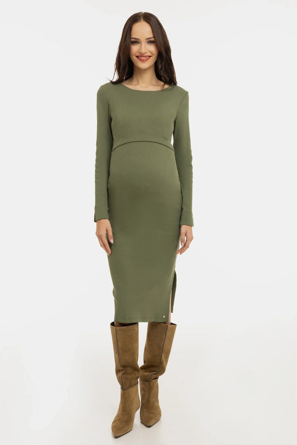 Langes geripptes Umstands- und Stillkleid mit langen Ärmeln – Khaki