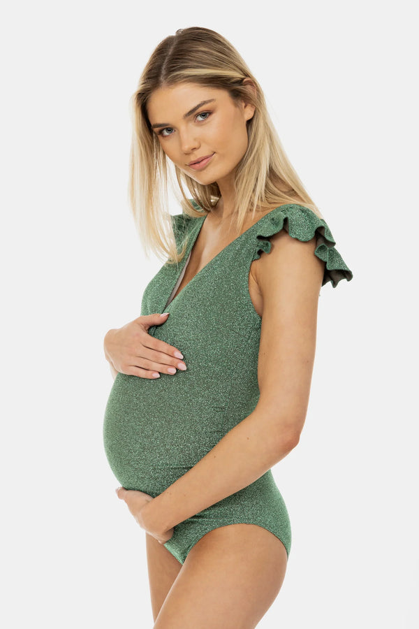 Glänzender Umstands- und Still-Badeanzug mit Schmetterlingsärmeln