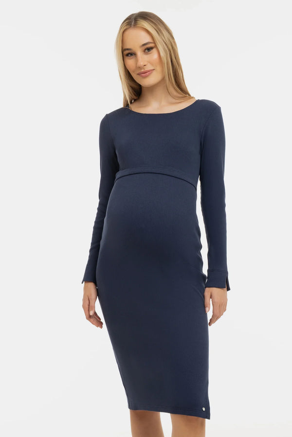 Langes geripptes Umstands- und Stillkleid mit langen Ärmeln – Dunkelblau