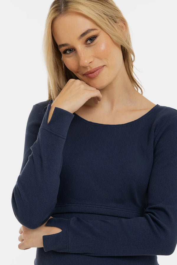 Langes geripptes Umstands- und Stillkleid mit langen Ärmeln – Dunkelblau