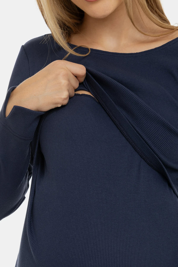 Langes geripptes Umstands- und Stillkleid mit langen Ärmeln – Dunkelblau