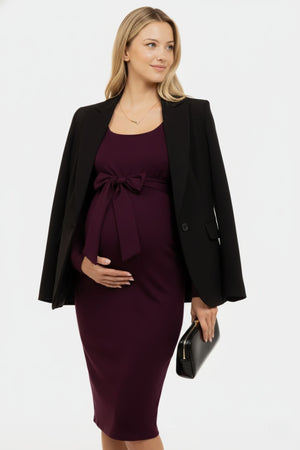 Elegante lange zwangerschapsjurk met brede riem - Bordeaux met Blazer