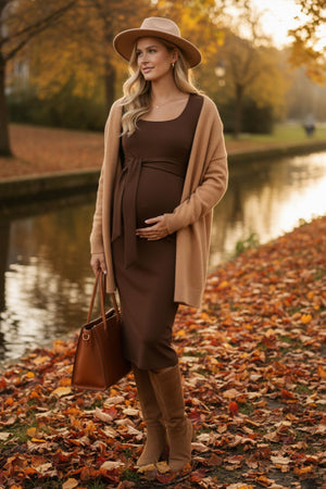 Elegante lange zwangerschapsjurk met brede riem - Bruin-Buiten