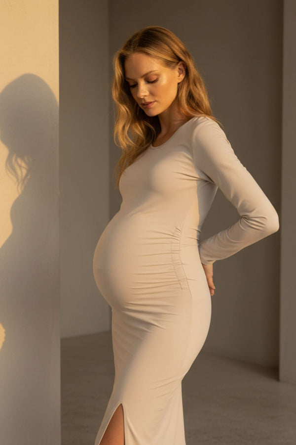 Lange zwangerschapsjurk met split - sand