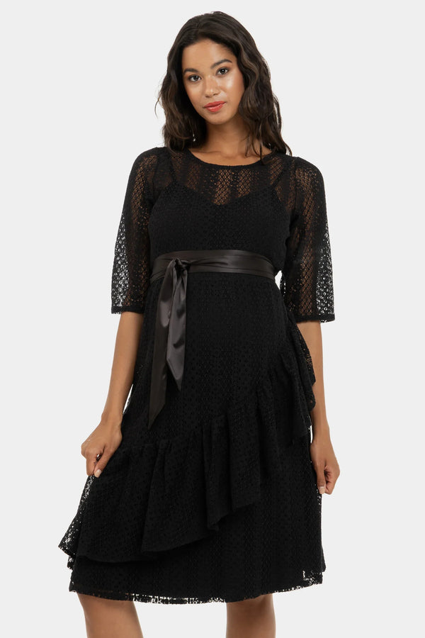 Elegantes langes Umstandskleid aus schwarzer Spitze