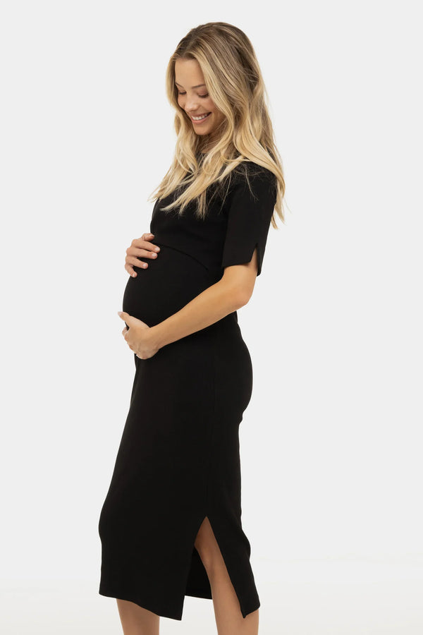 Tailliertes Umstands- & Stillkleid aus geripptem Baumwolljersey – Schwarz
