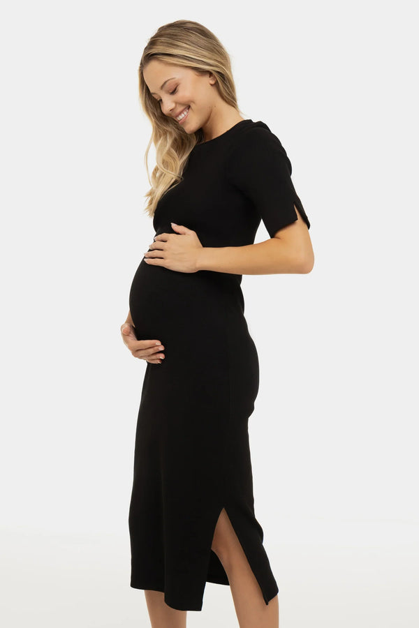 Tailliertes Umstands- & Stillkleid aus geripptem Baumwolljersey – Schwarz