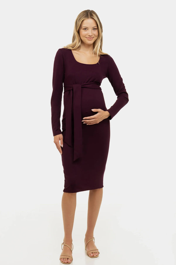 Elegantes langes Umstandskleid mit breitem Gürtel – Bordeaux