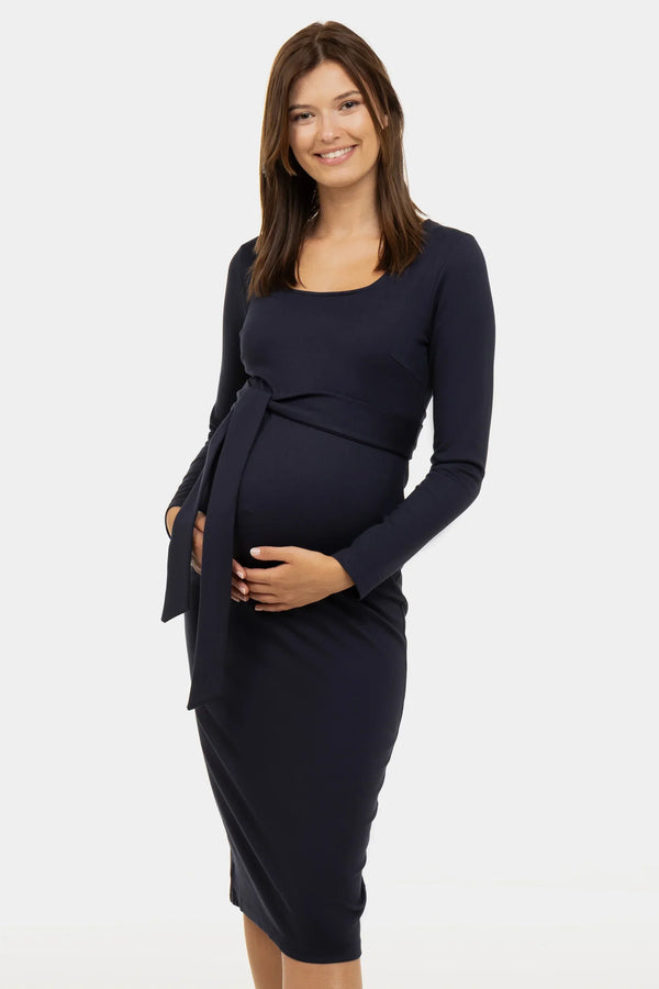 Elegantes langes Umstandskleid mit breitem Gürtel – Dunkelblau