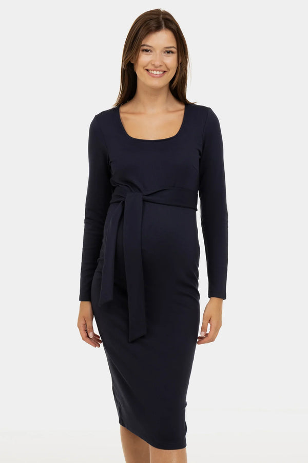 Elegantes langes Umstandskleid mit breitem Gürtel – Dunkelblau