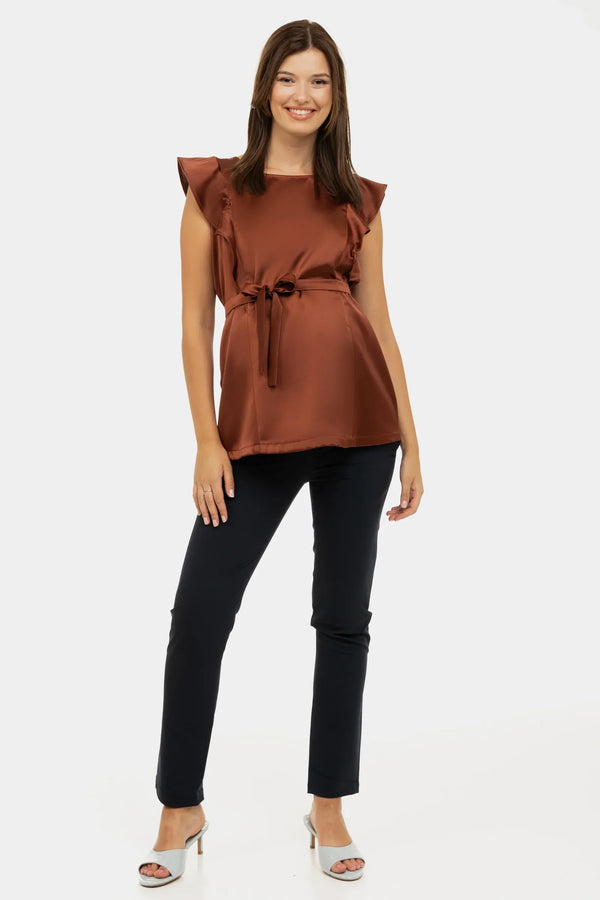 Satierte Umstands- und Stillbluse mit Volantärmeln – Bronze