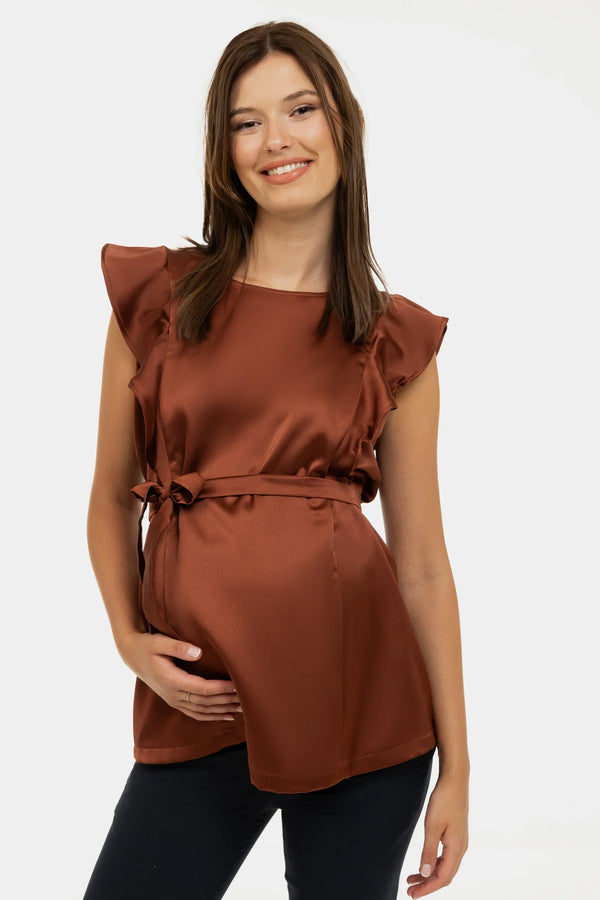 Satierte Umstands- und Stillbluse mit Volantärmeln – Bronze