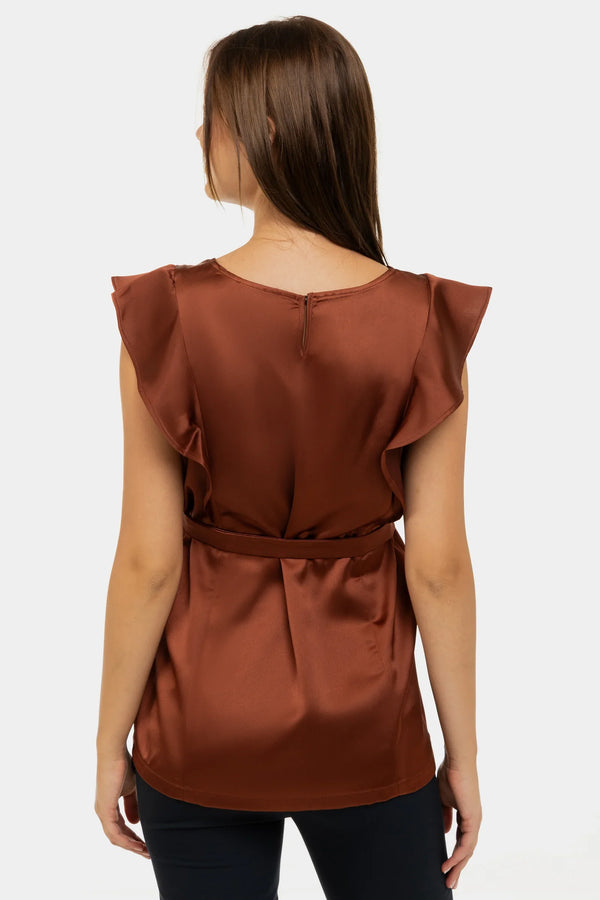 Satierte Umstands- und Stillbluse mit Volantärmeln – Bronze