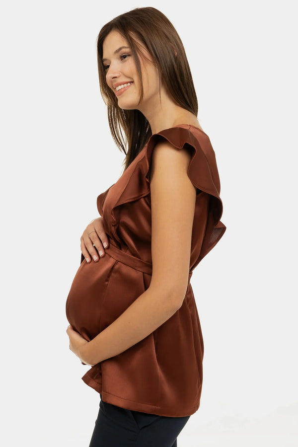 Satierte Umstands- und Stillbluse mit Volantärmeln – Bronze
