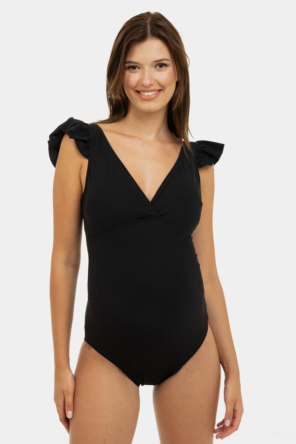 Umstandsbadeanzug mit Stillfunktion und Volantärmeln – Schwarz