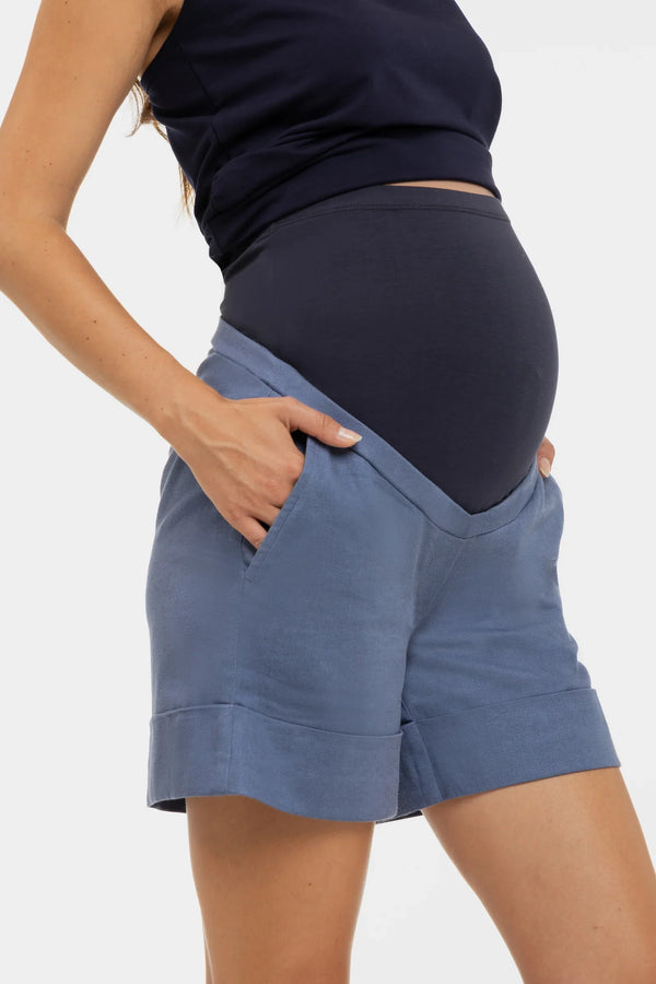 Umstandsshorts aus Leinenmix – Blau
