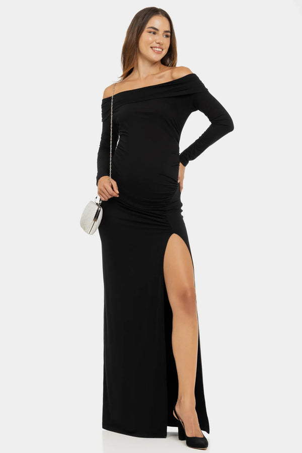 Langes elegantes Umstandskleid mit Off-Shoulder – Schwarz