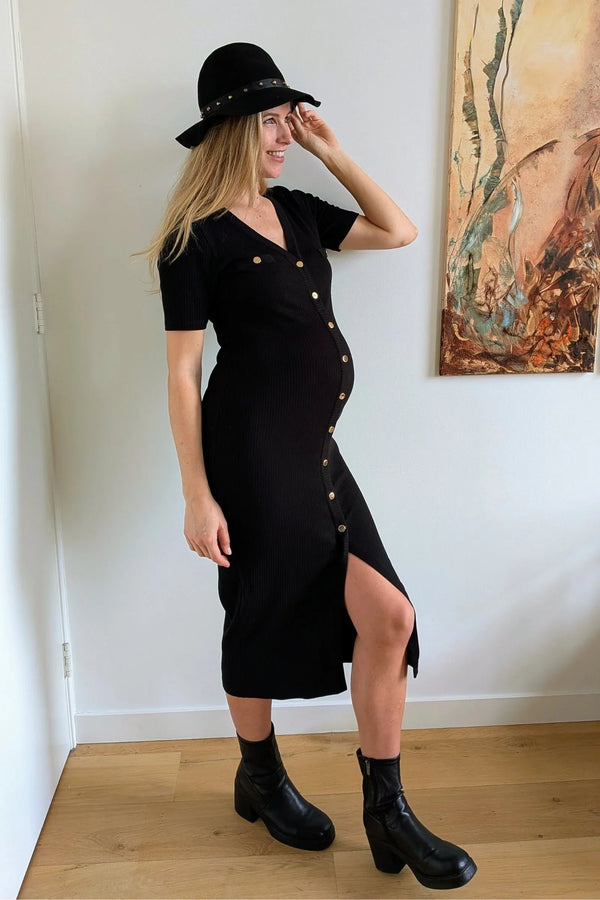 Umstands- und Stillkleid mit goldenen Knöpfen – Schwarz