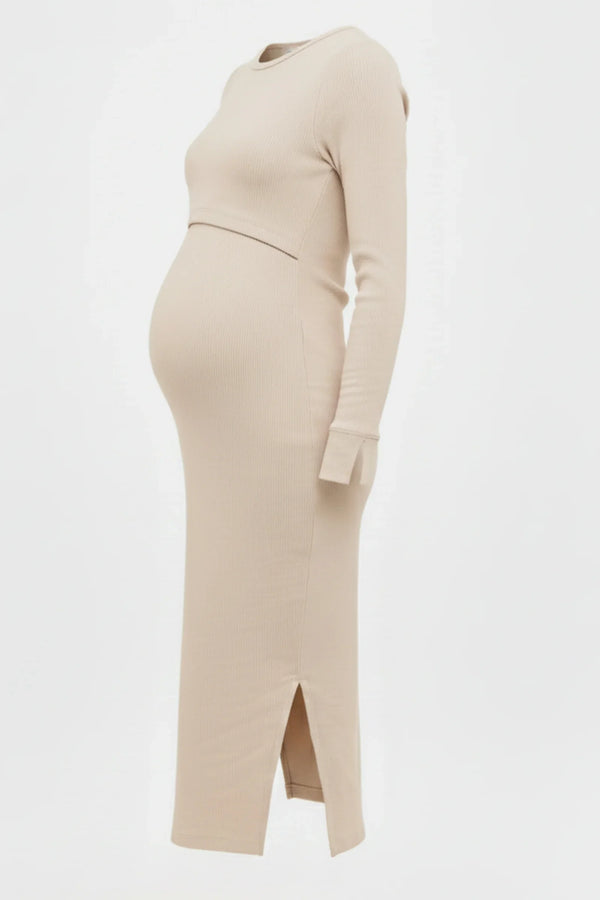 Langes geripptes Umstands- und Stillkleid mit langen Ärmeln – Sandbeige