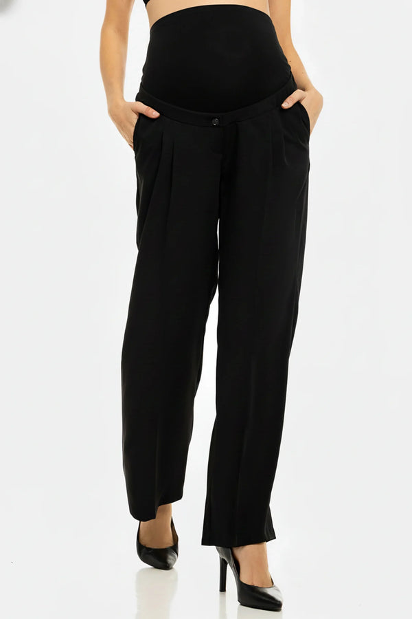 Weite Umstandshose aus Crêpe mit Falten – Schwarz