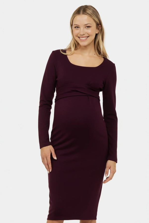 Elegantes langes Umstandskleid mit breitem Gürtel – Bordeaux