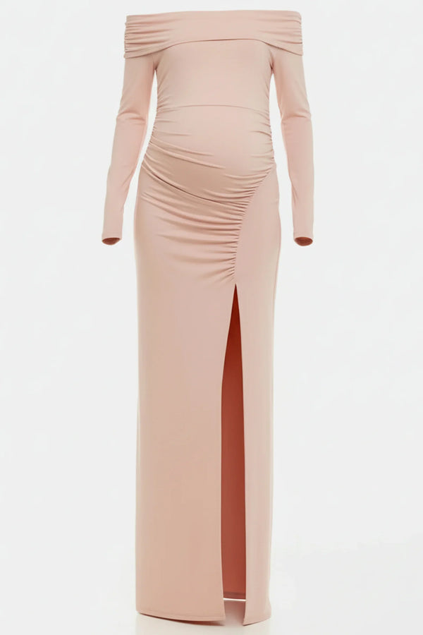 Langes elegantes Umstandskleid mit Off-Shoulder – Puderrosa