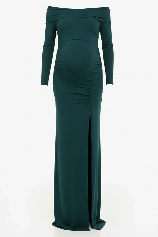 Langes elegantes Umstandskleid mit Off-Shoulder – Teal