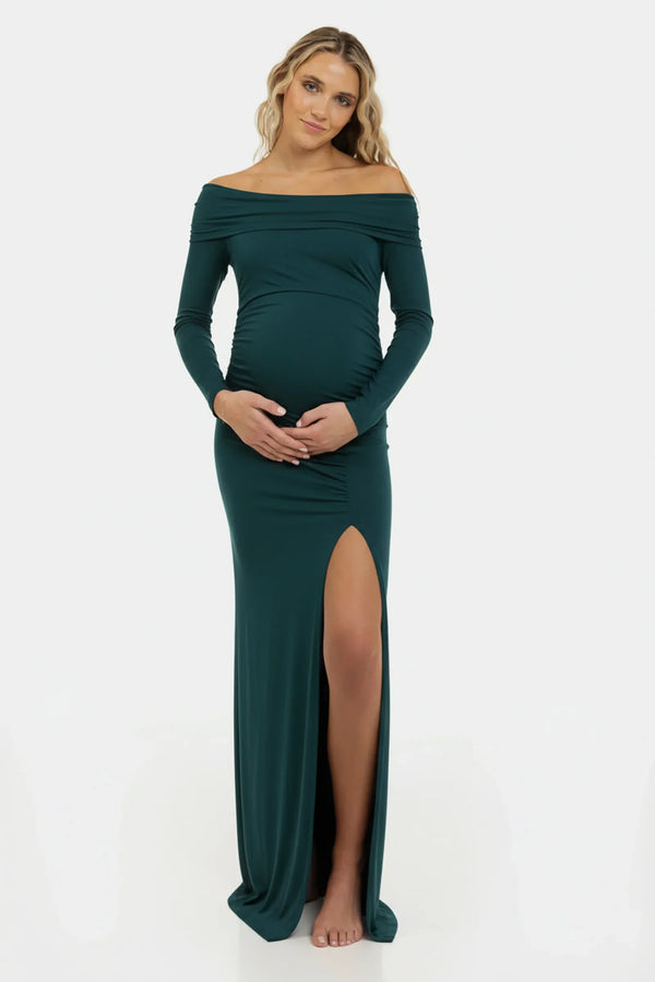 Langes elegantes Umstandskleid mit Off-Shoulder – Teal