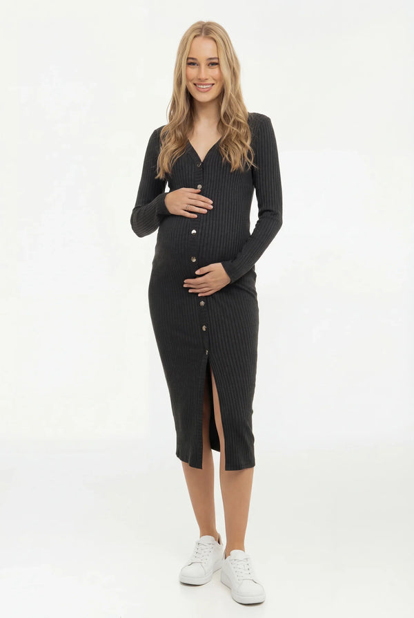 Umstands- und Stillkleid aus Rippjersey mit Knöpfen - Anthrazit