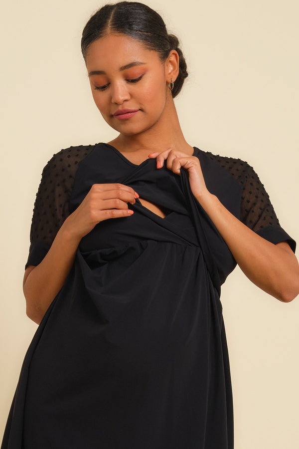 Umstands- & Stillkleid mit Tupfenärmeln – Schwarz